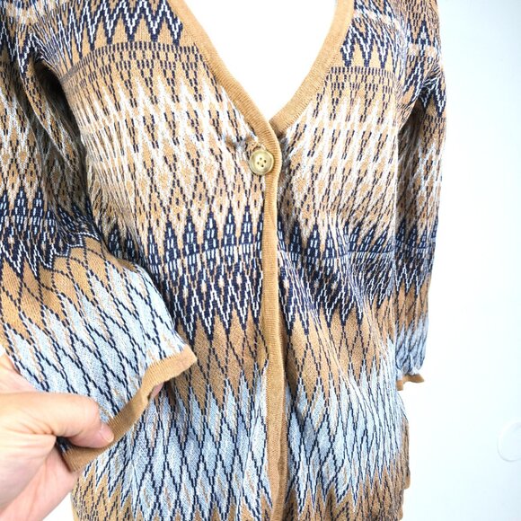 Pendleton NWOT Tan Brown Navy One Button Linen Blend 3/4 Sleeve Cardigan Sweater - Picture 3 of 6